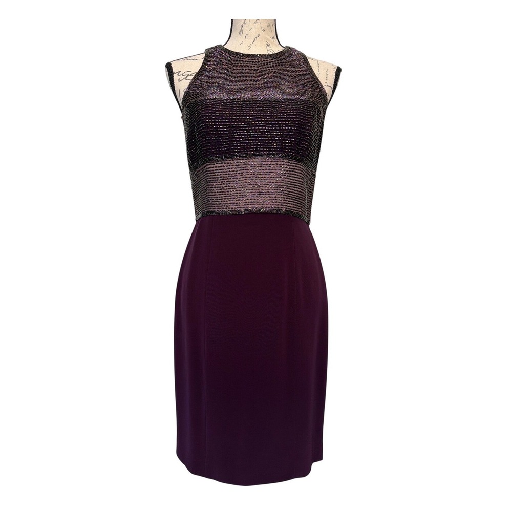 Oleg Cassini Black Tie Beaded Cocktail Dress Plum Purple Sheath Womens Size 6